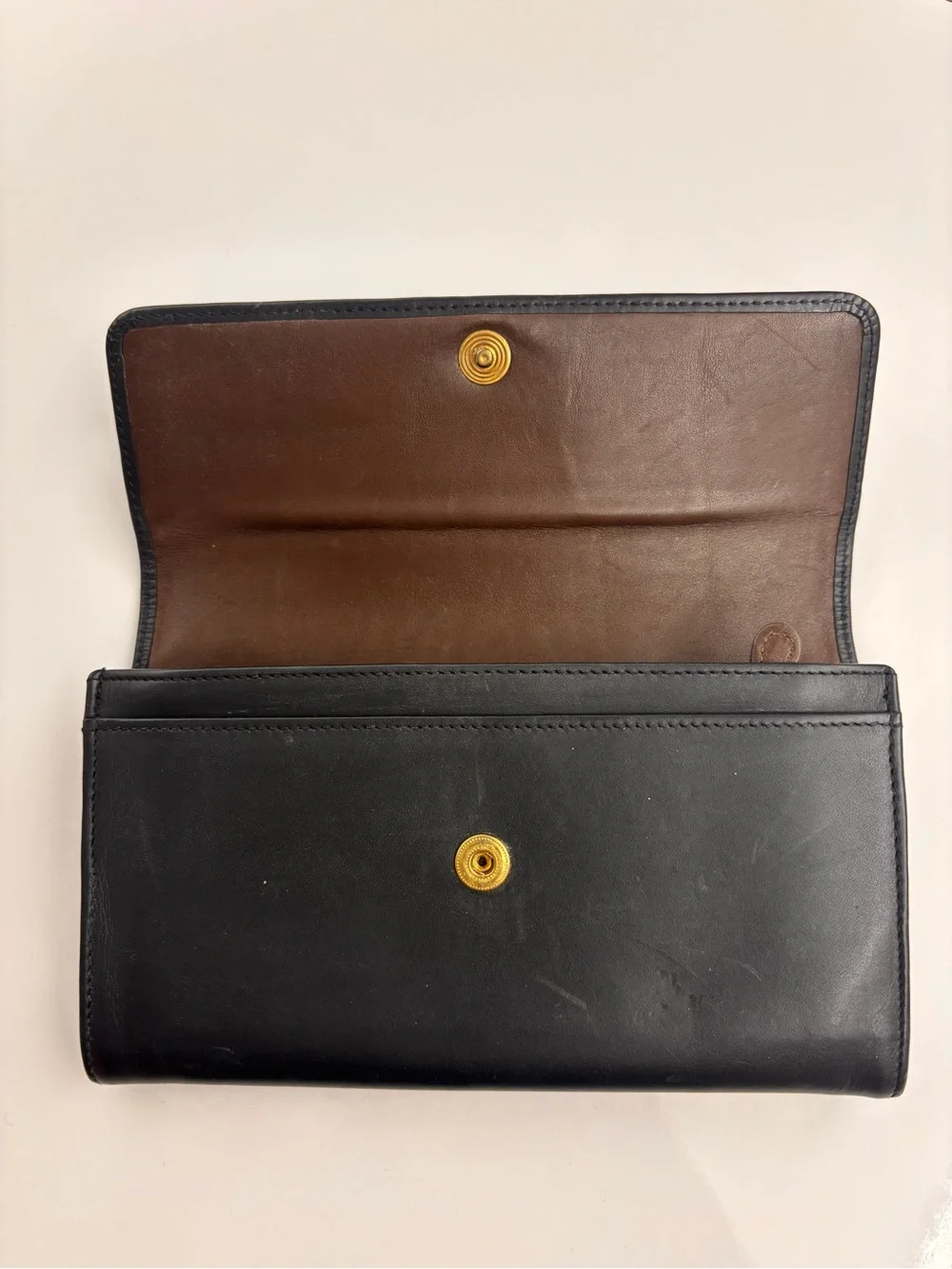 Vintage Coach Black Leather Continental Wallet Brown Interior Made in Turkey